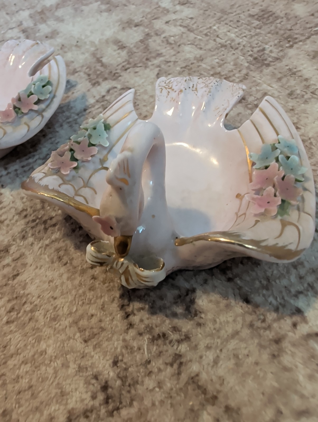 Vintage Norcrest D-316 Pink Swan Applied Flowers Ashtray Trinket Dish X2