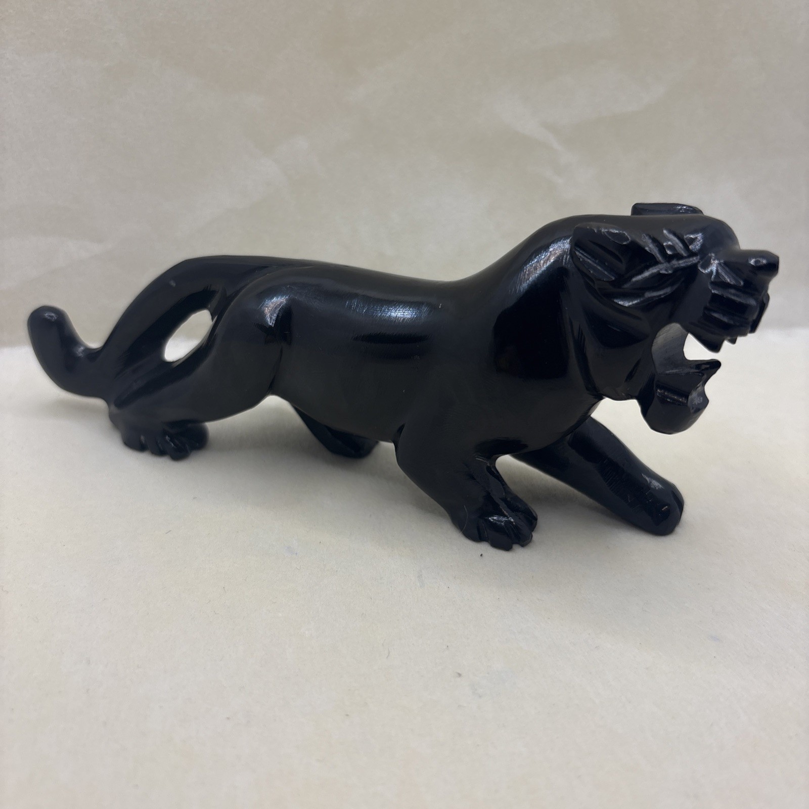 Vintage Hand Carved Black Obsidian Onyx Marble Jaguar Panther Figurine 6”