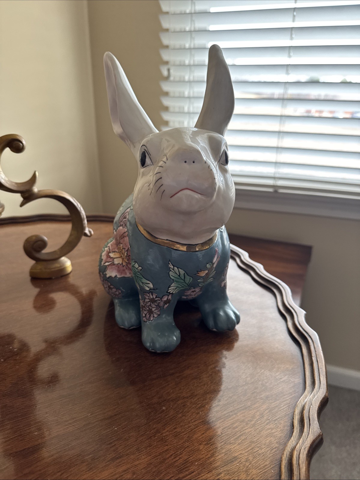 Large Porcelain Hand Painted Rabbit ,Teal Lavender Orange Metallic Gold 12 Inch