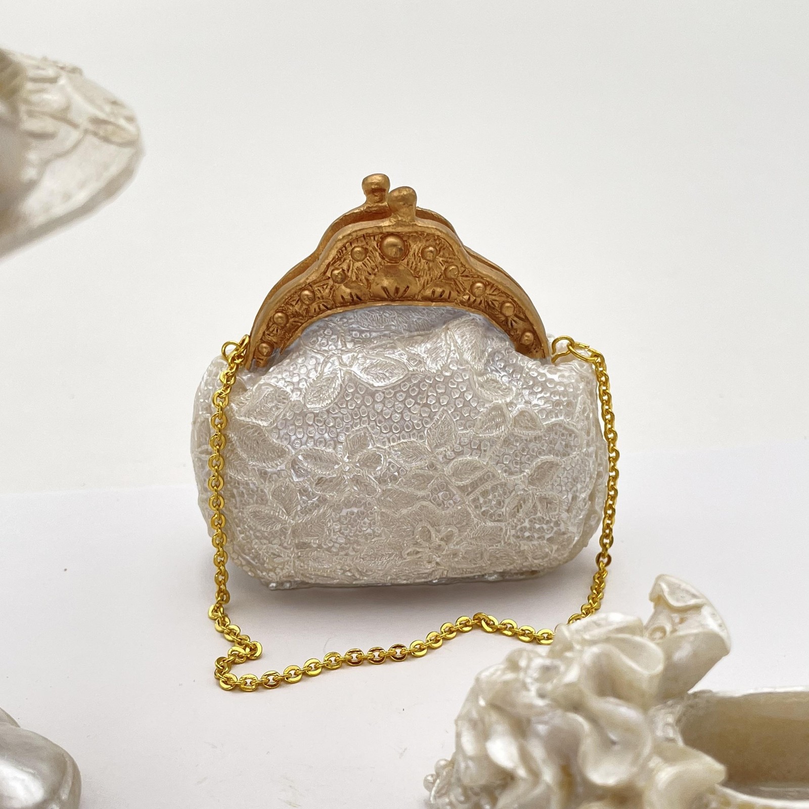 Wedding Lace Shoe Purse Hat Figurine 3 Piece White Resin Bridal Decor Set Gift