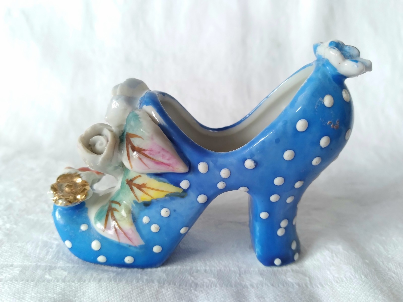 Vintage Bright Blue Polka Dot High Heel Shoe Hand Painted Leaf Flower Gold Japan