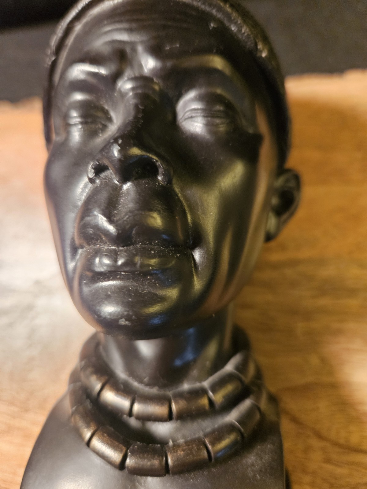 African Woman Bust Figurine Matte Black Textured Resin Sculpture 3in Square Base