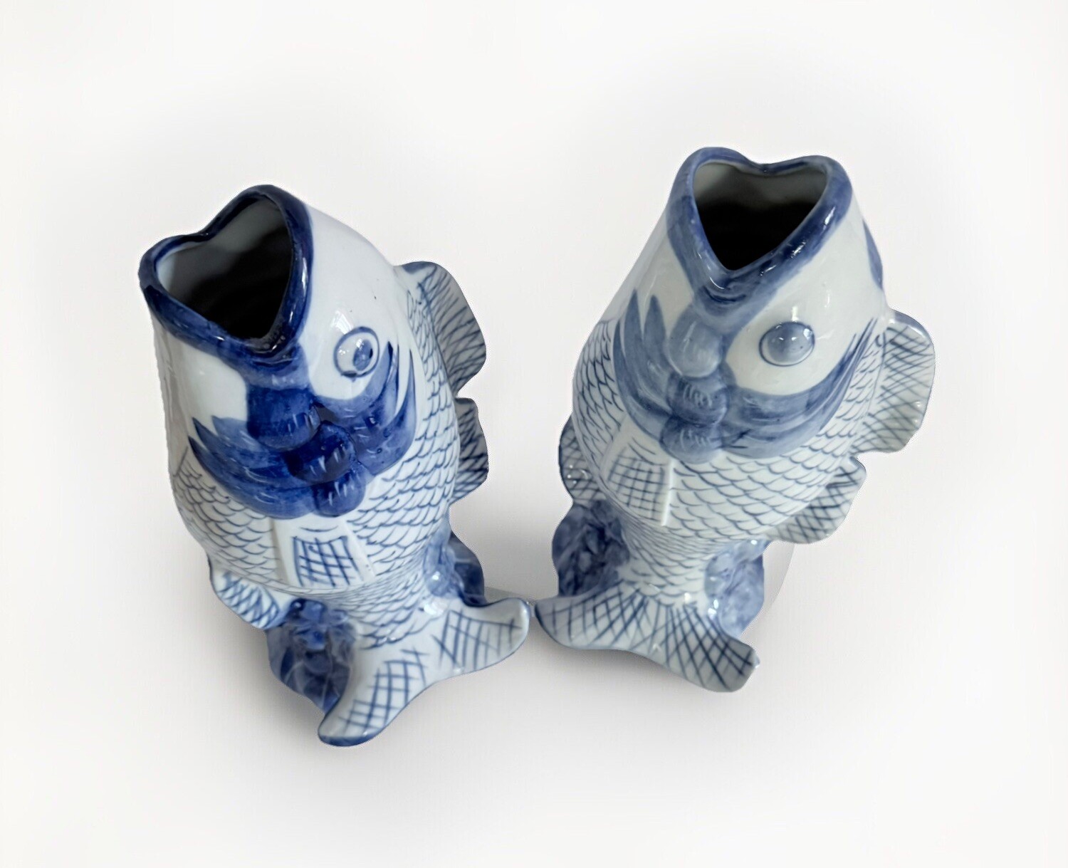 Vintage Porcelain Koi Fish Vase Williams Sonoma 8.75″ Tall Set Of 2