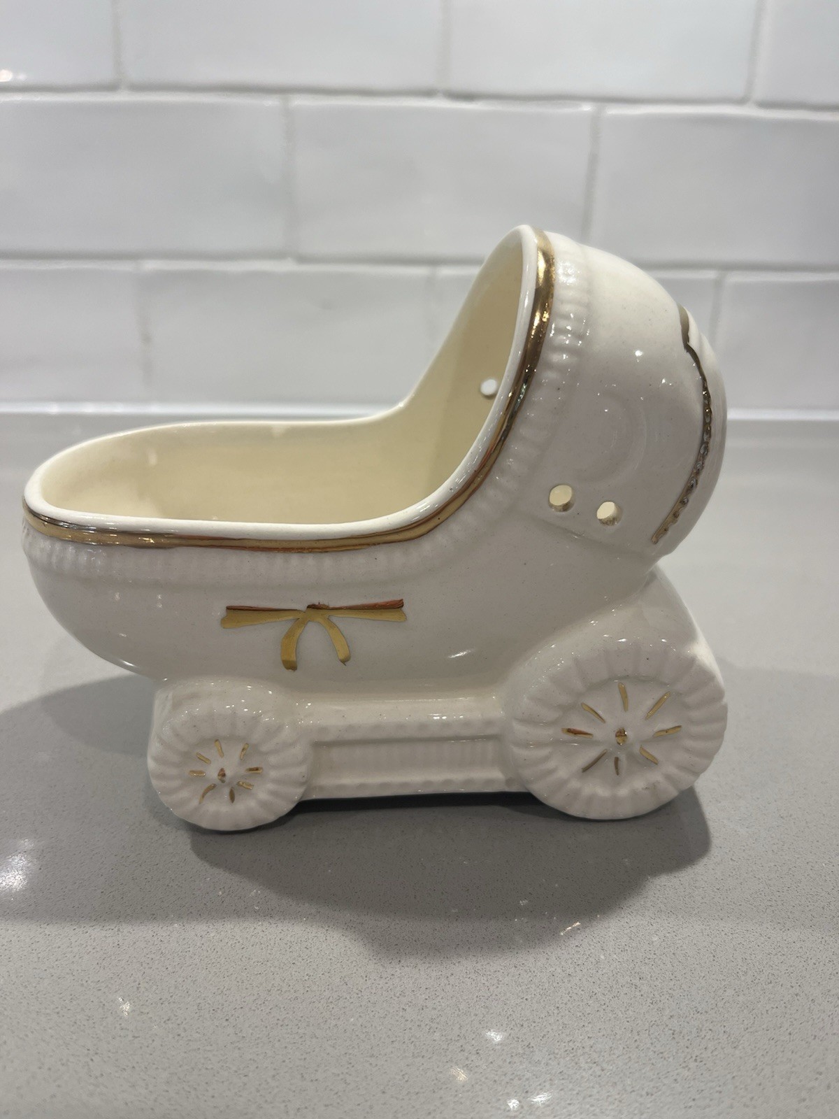 Ceramic Baby Figurine and Carriage Set, Hand Painted, Glossy, White/Gold