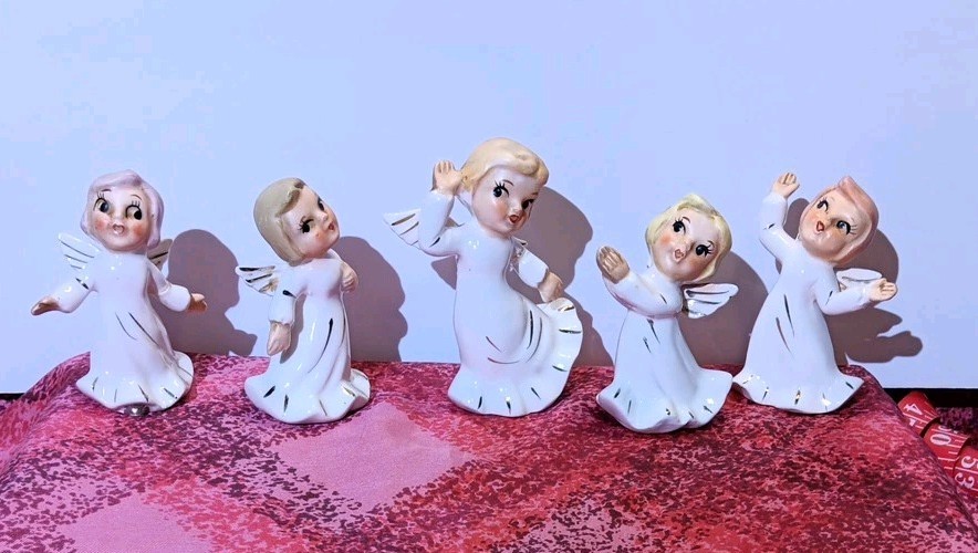 5 Vtg Hark Sisters Singing Dancing Angels White Gold ~ Japan Kitschy