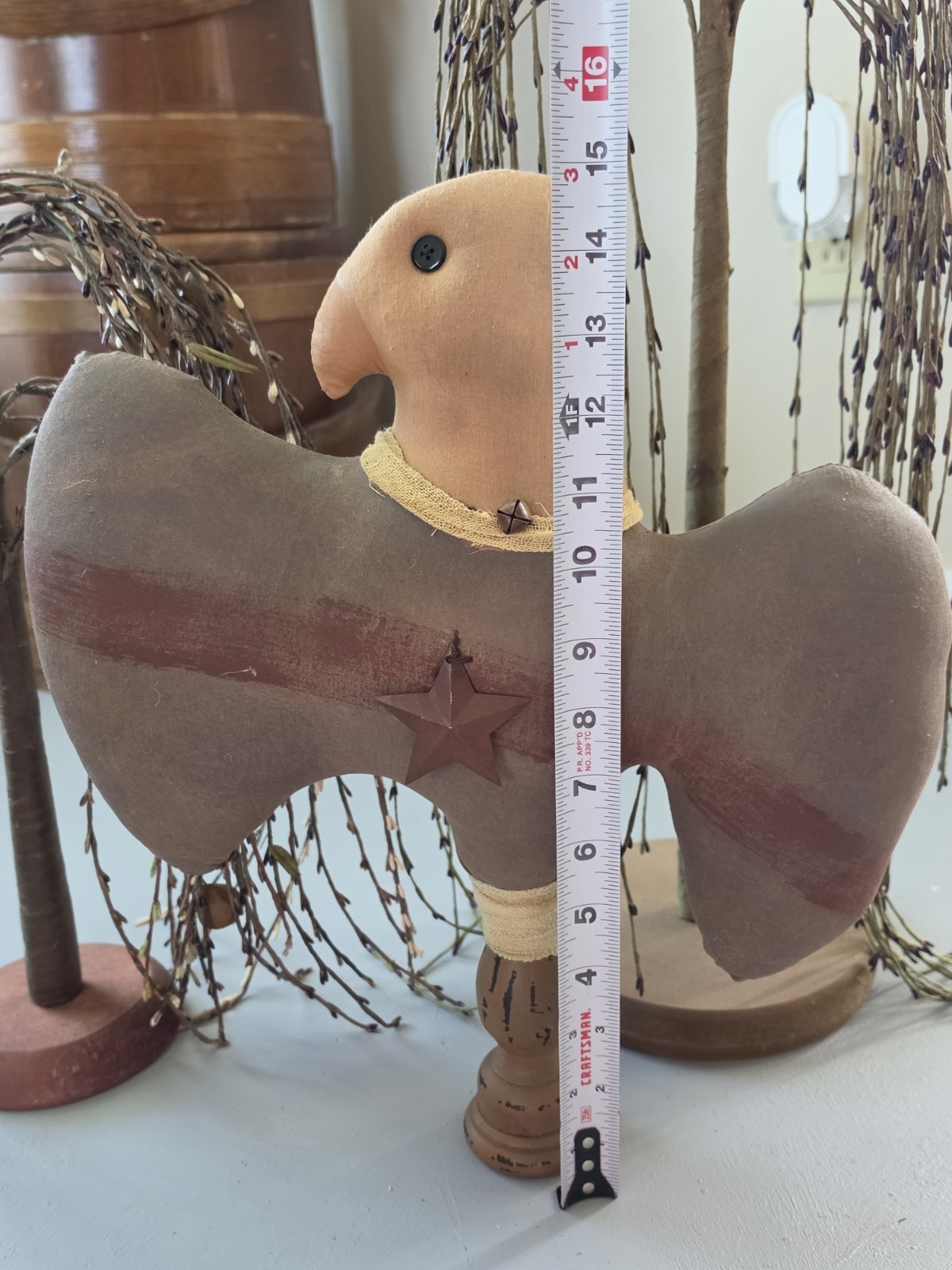 PRIMITIVE Eagle Patriotic Fabric/Wood Figure w/Metal Bell Star 15”