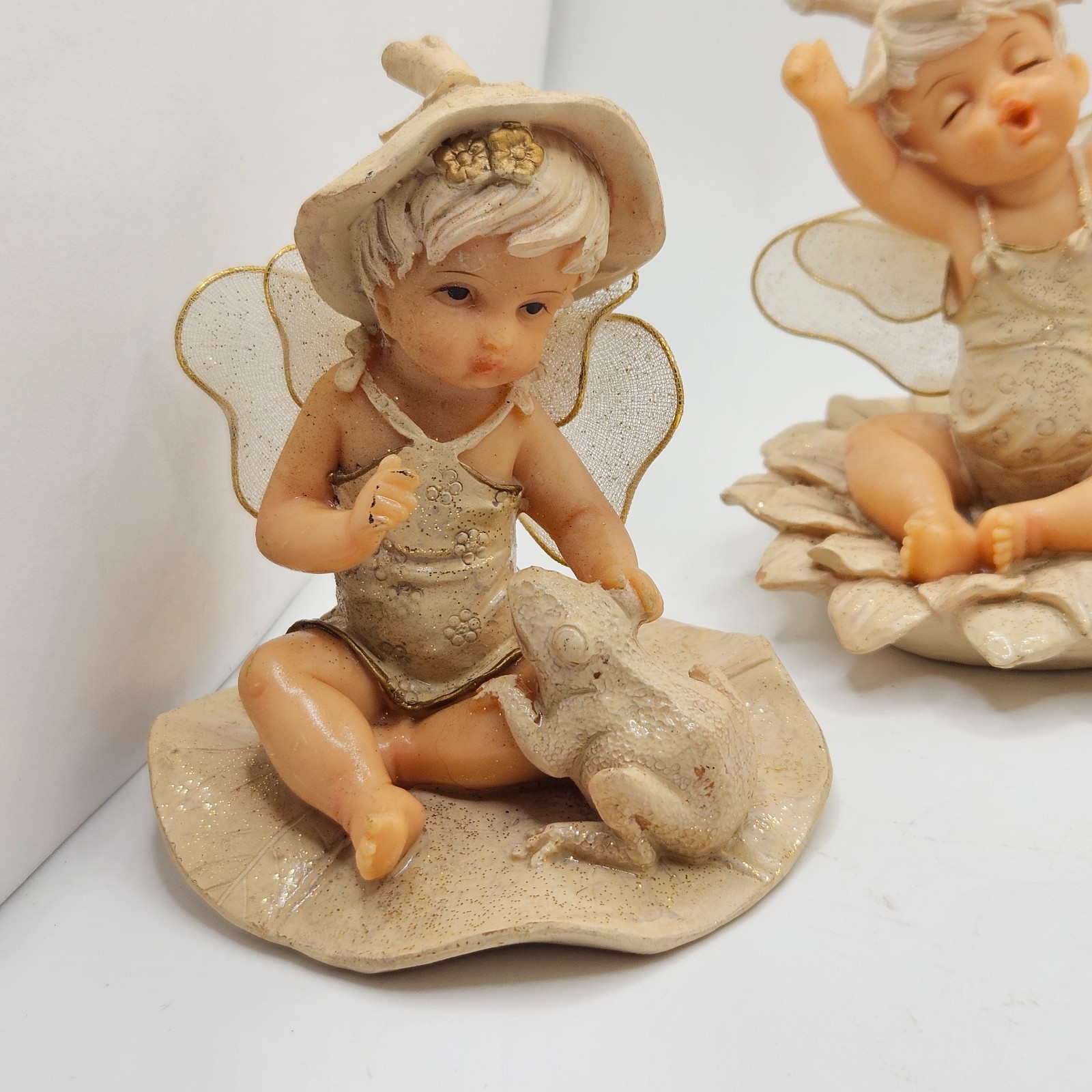Vintage Pixie Fairy Baby Figurine Set Lotus Flower Resin Cottagecore Whimsical
