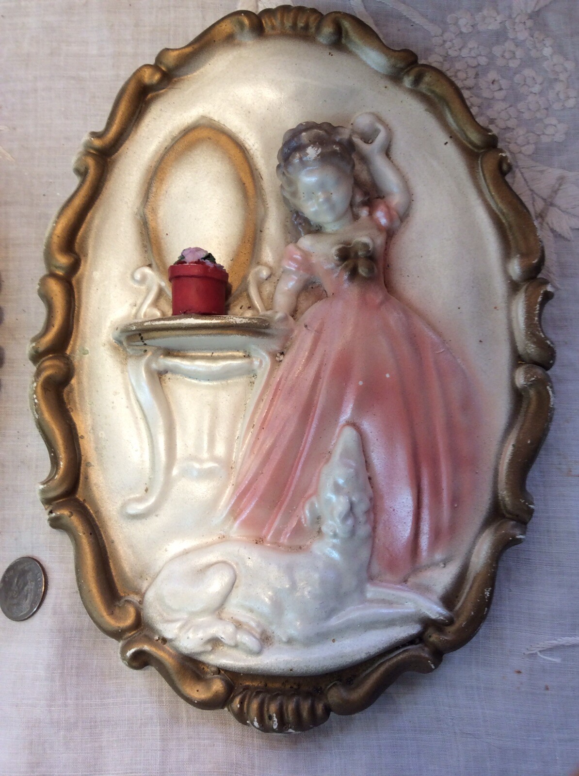 2 Vtg 3D Chalkware Wall Plaques Airbrush Girl w/Mirror / Girl w/ Elves & Deer