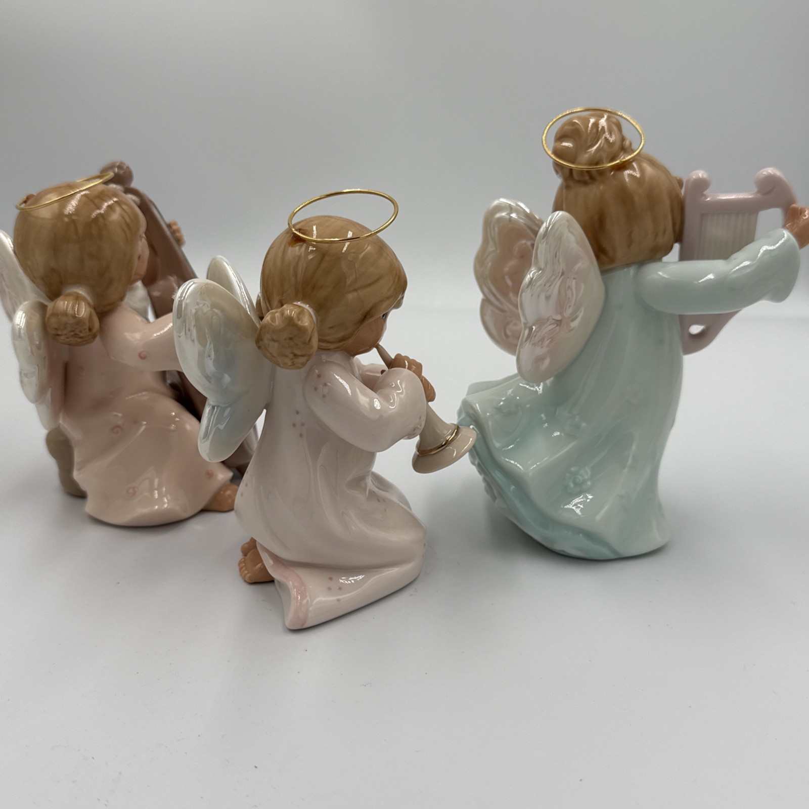 3 Angel Figurines Playing Instruments: Hello, Horn, Harp Pastels With Halo Wings