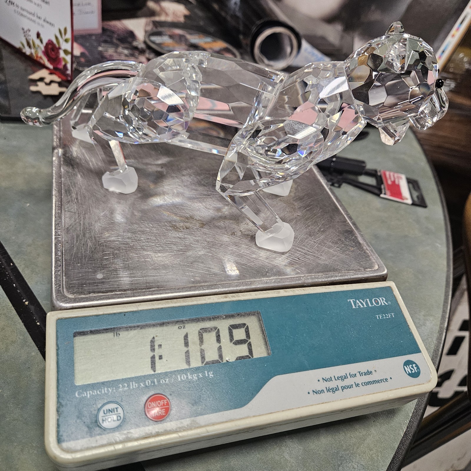 Swarovski/Lalique Style Faceted Crystal Cat Panther Frosted Paws W/Box 9″ X 5″
