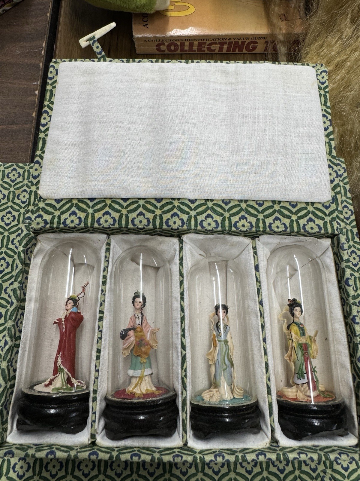 Vintage Chinese Asian Figurine Set Under Glass Domes Set of 4 Original Box