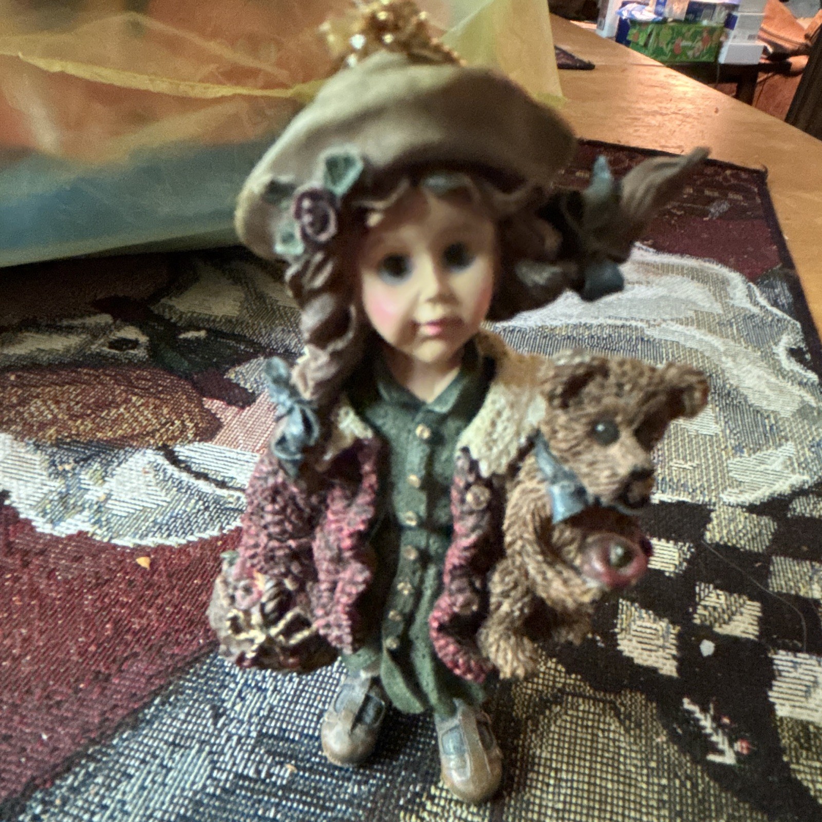 Hand Painted Resin Girl Figurine Holding Teddy Bear Painted Multicolor