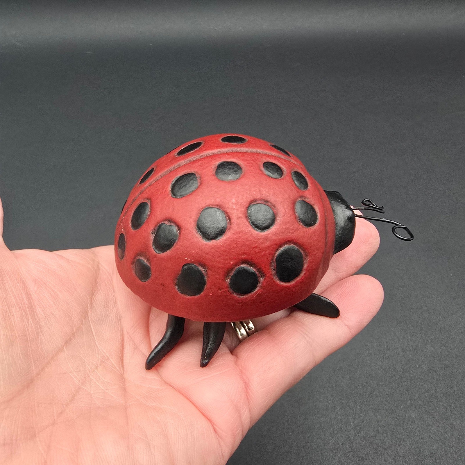 Vintage Cast Iron Ladybug Figurine Red Black Garden Decor Insect Paperweight