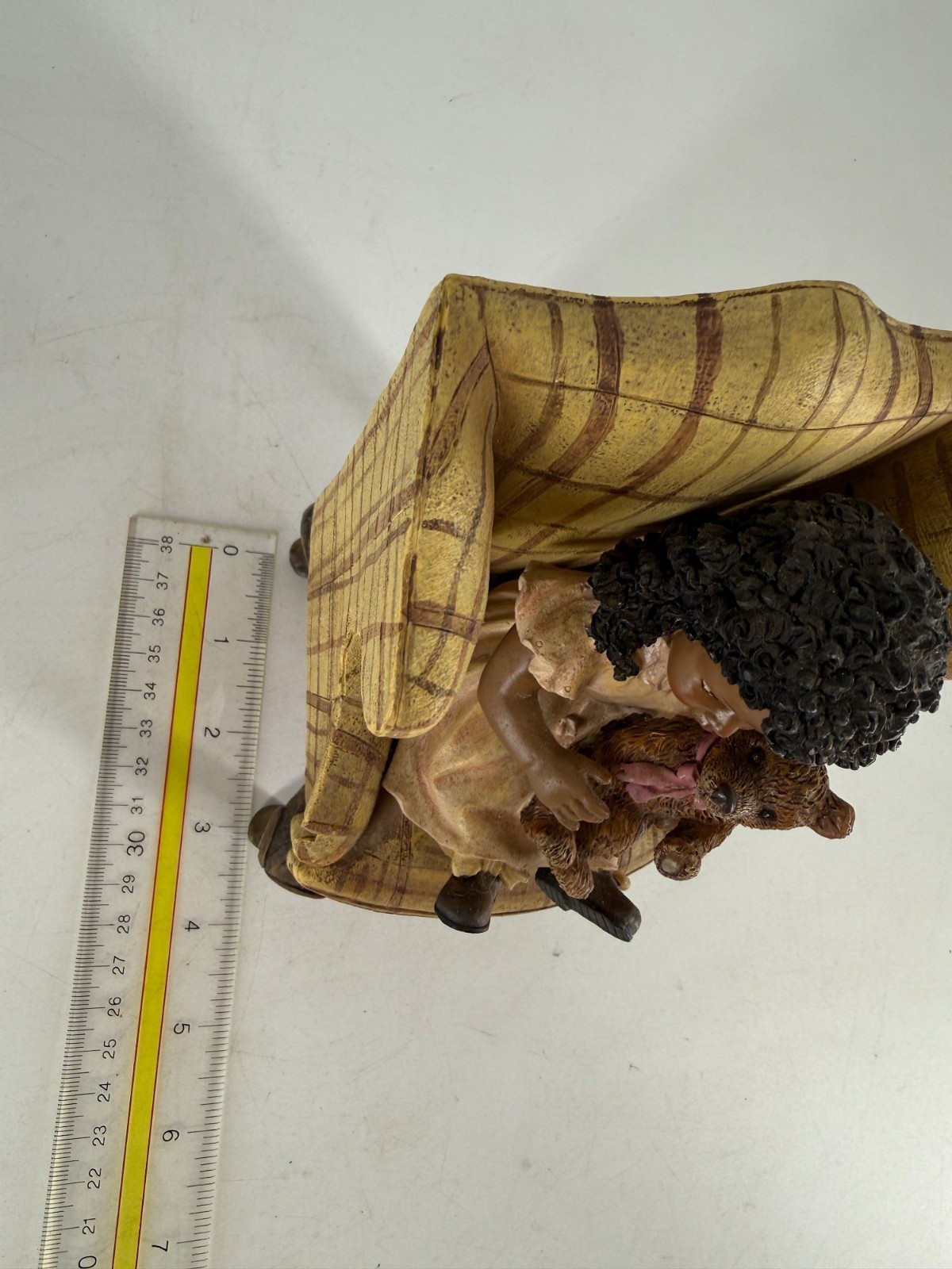 Vintage African American Girl Figurine With Teddy Bear On Plaid Chair