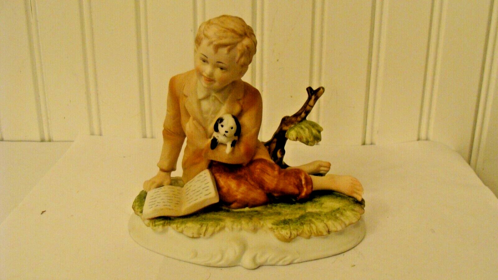 Vintage Hand Painted Porcelain/Ceramic Figurine Boy Reading Book w/Puppy. Japan