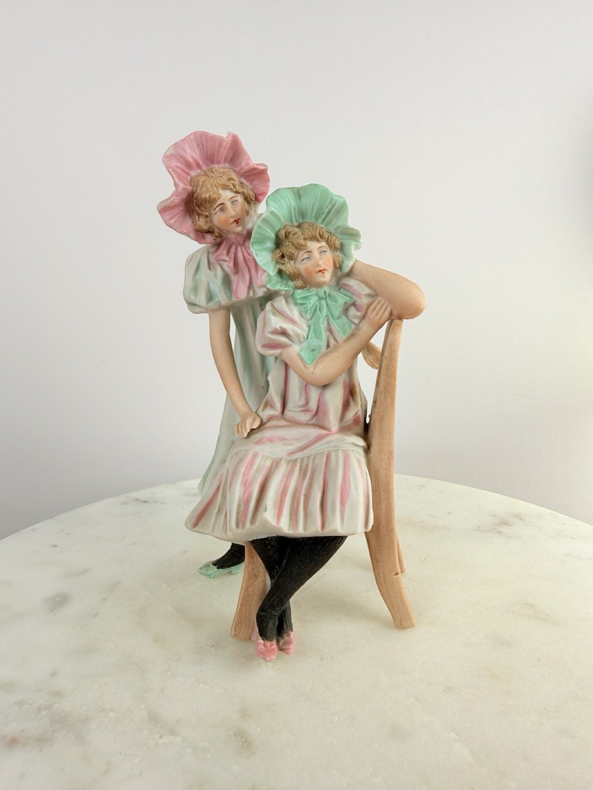 Antique German Bisque Figurine Two Girls on Bench Heubach Style Mold 3089 c1900