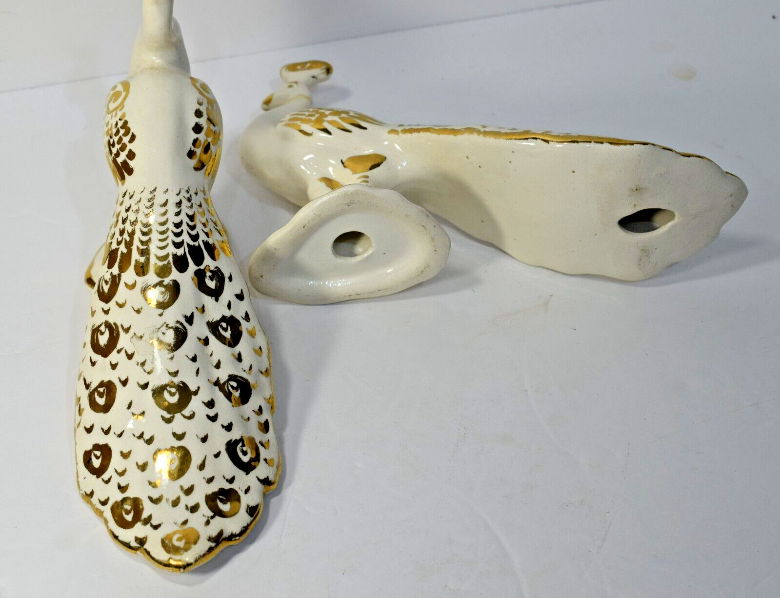 Vintage Ceramic Peacock Figurines Set of 2 White Gold Decorative Birds
