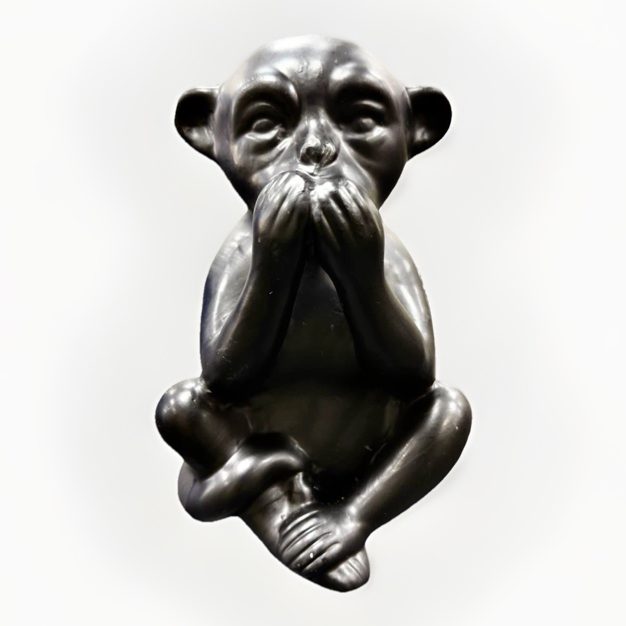 Vintage Black Matte Ceramic Monkey Figurine Speak No Evil 6″ Mid Century Decor