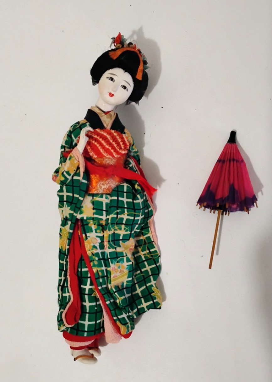 Vintage Porcelain and Cloth East Asian Woman Figurine in Traditional Dress READ