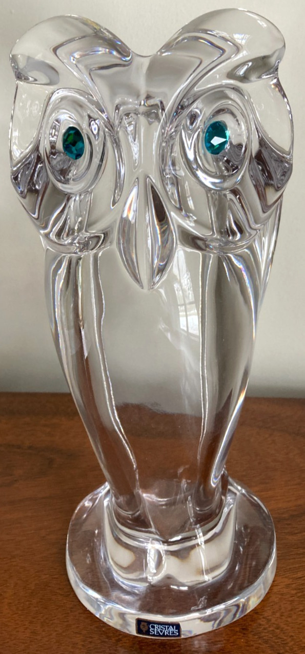 Vintage Cristal de Sèvres Large-Sized Owl Sculpture With Turquoise Eyes – 12″T