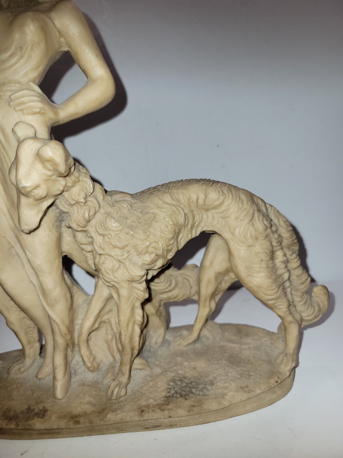 11.25″ Art Deco Resin Statue Lady in a Hat w/2 Wolfhound Borzoi Dogs 1920s Style