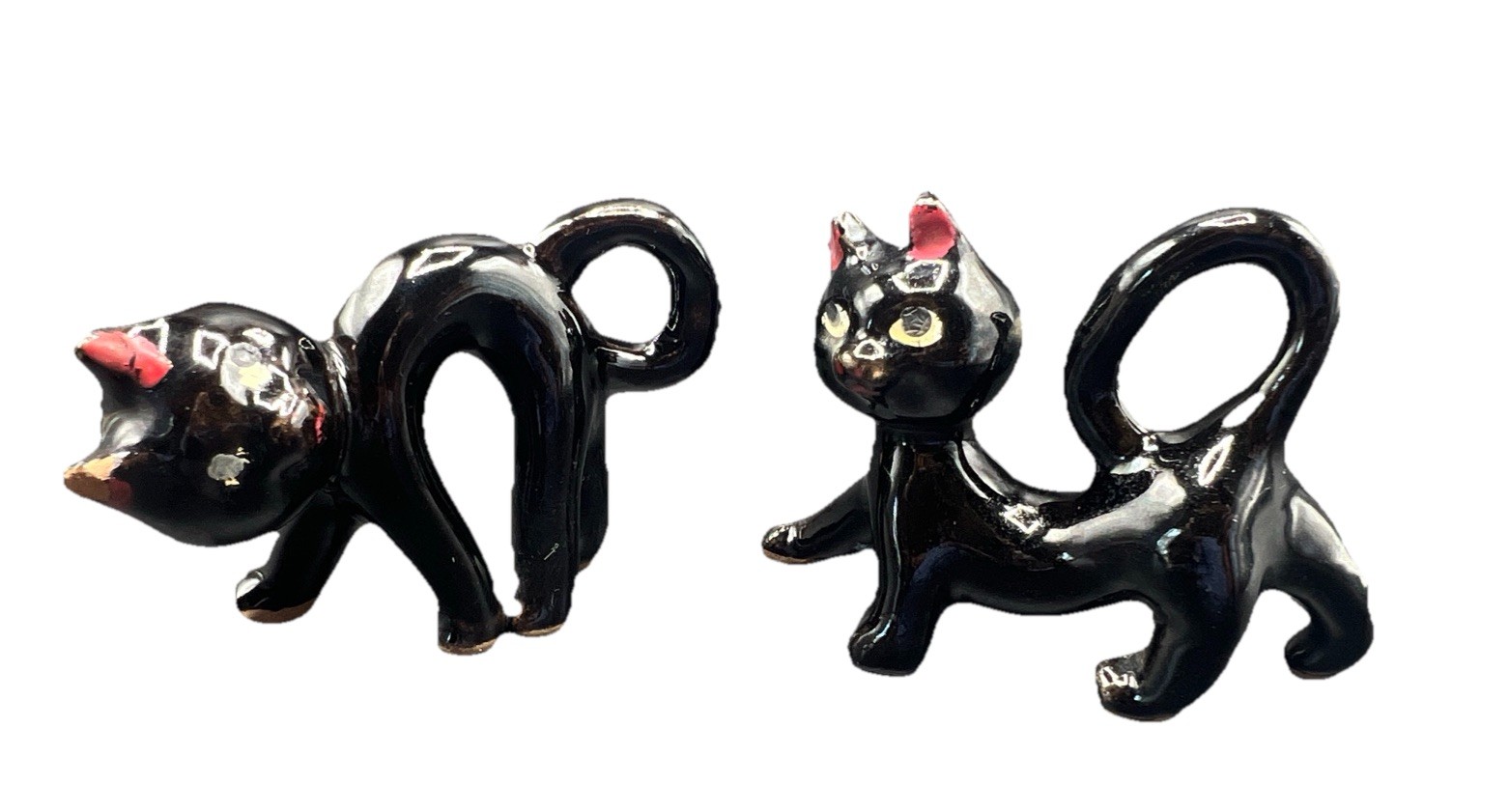 2 VTG Japan MCM Black Cat Redware Figurines Hand Painted Small Arched Kitty