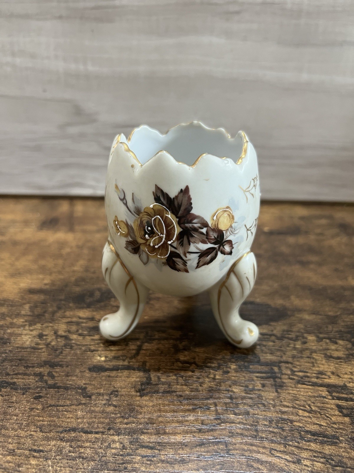 Vintage Porcelain Egg Shaped Vase Planter Footed Gold Floral 4 Inch