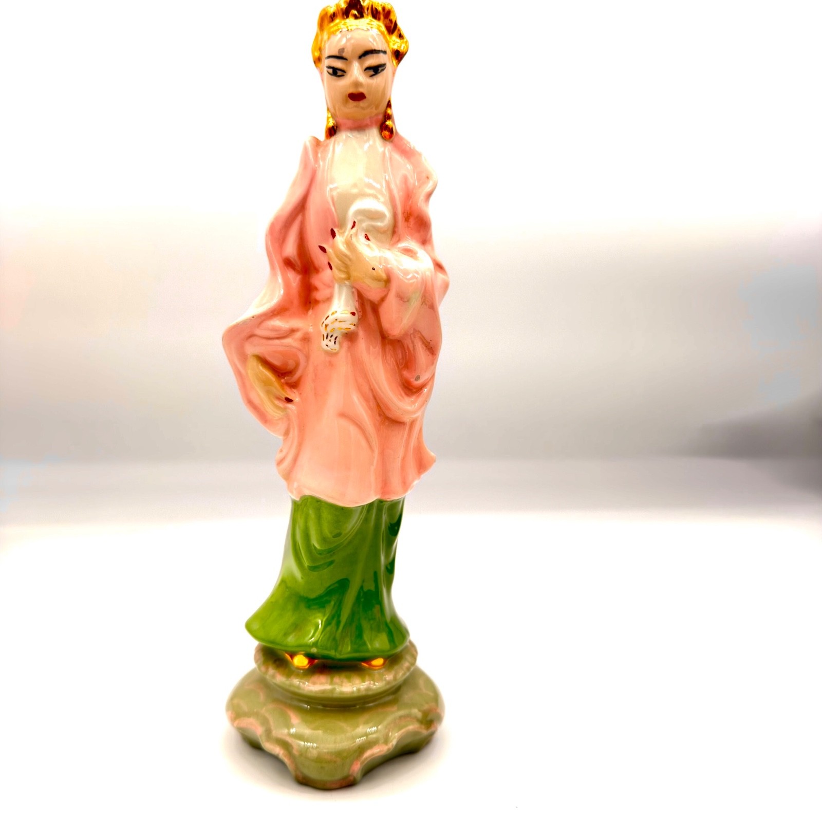 VTG Signed MB Asian Lady Porcelain Figurine Pink Robe Green Base Gold 10in
