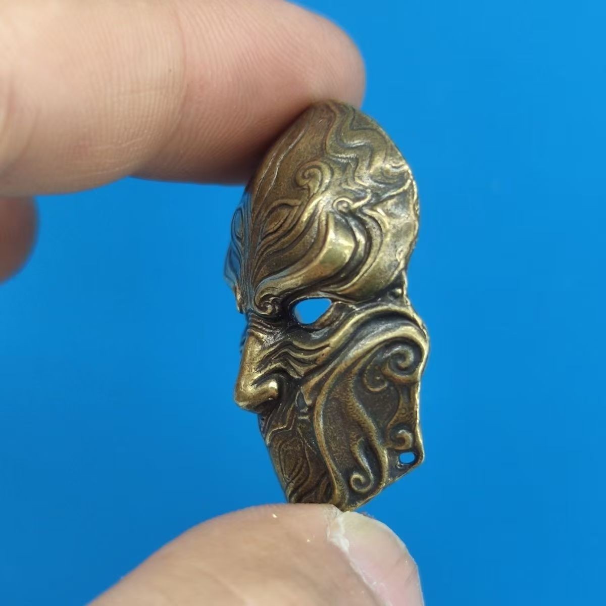 Brass Fantasy Mask Pendant, Gothic Medieval Mini Charm