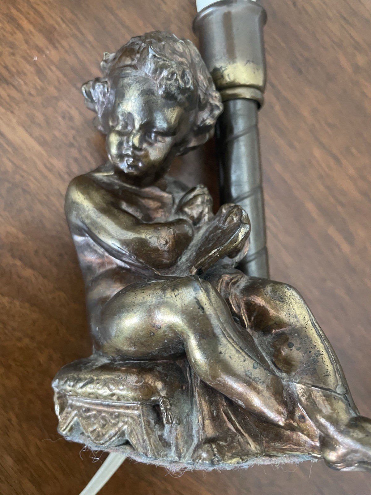 Vintage Cherub Figural Table Lamp | Spelter Putto Statue | Antique Bronze Finish