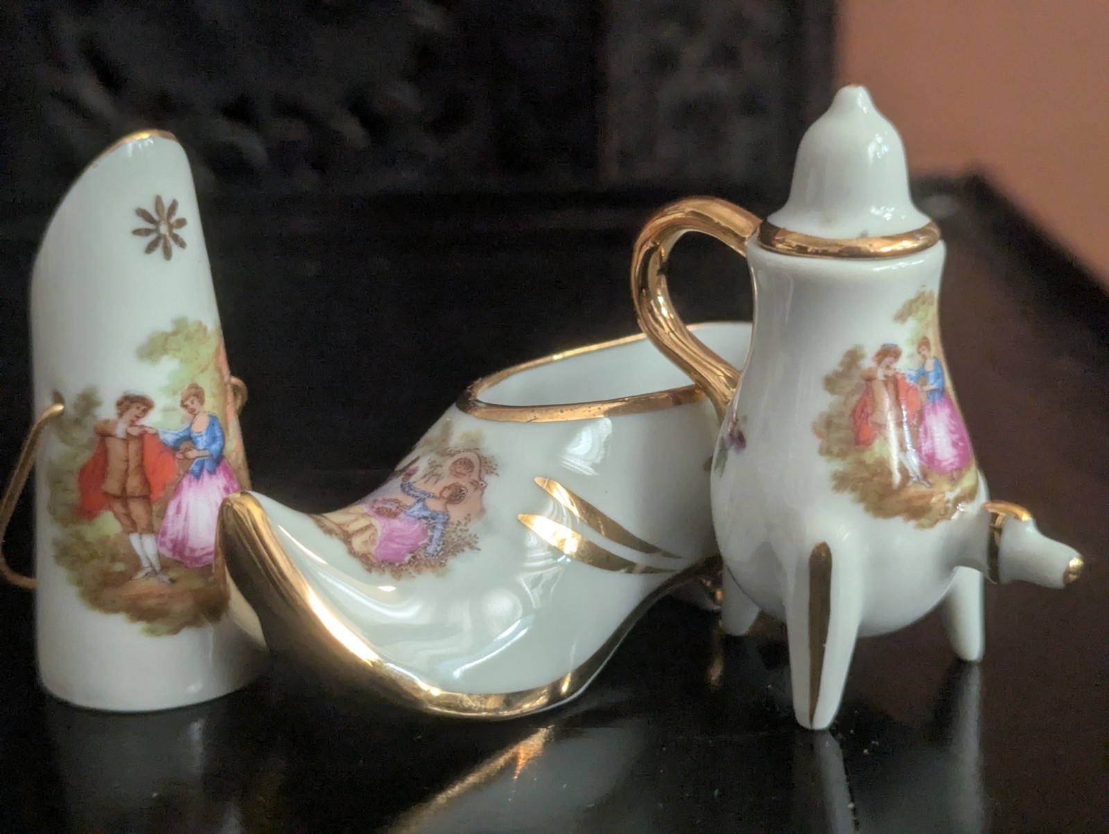 Lot Vtg Limoges France Porcelain Miniature Courting Couple Rococo Shoe Vase Tea