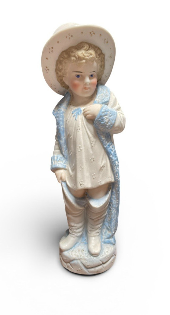 Antique German Bisque Figurine Boy in Oversized Boots Intaglio Eyes Heubach