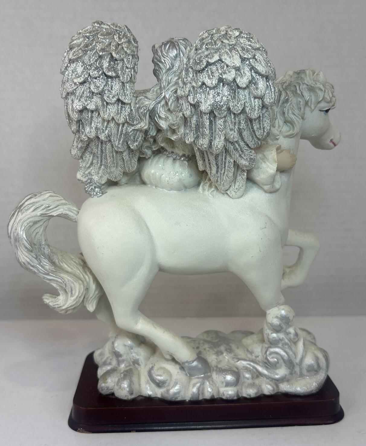Gorgeous Glittering White Silver Winged Angel Riding A White Horse Figurine