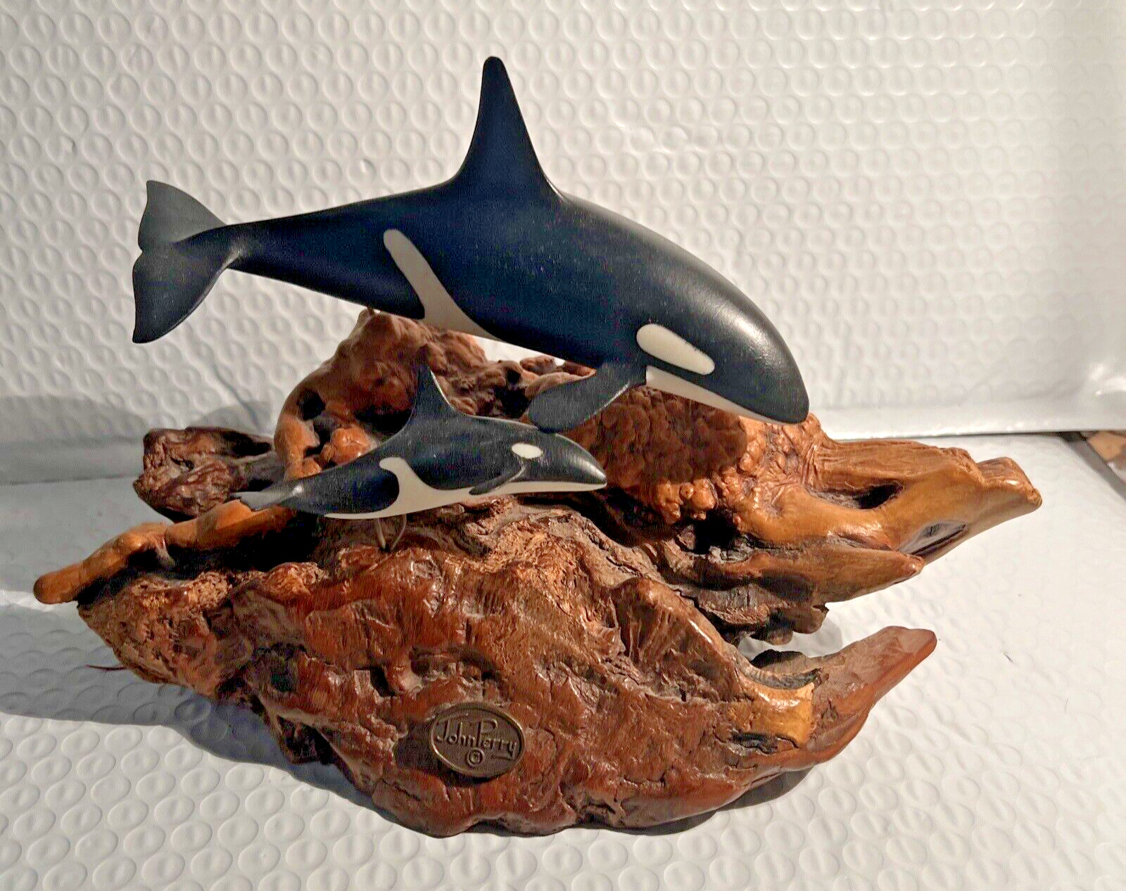 Nautical Ocean John Perry Orca Whales Burlwood Sculpture Figurine Statue 7 inch