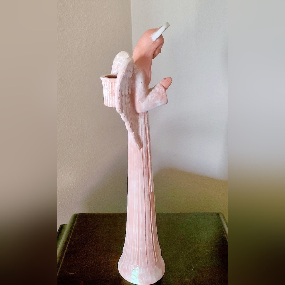 Tall Pink Praying Angel with Shimmering Glitter Wings Candleholder