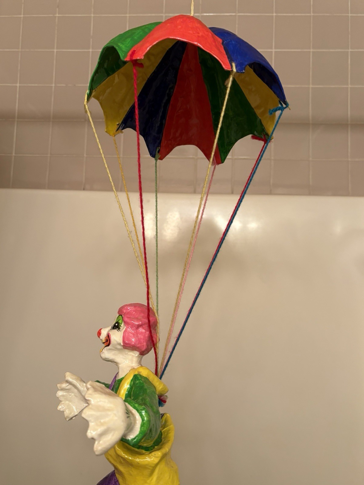 Vtg Papier Mache Parachute Clown Folk Art Balloon Figure Circus Decor Paper 29″