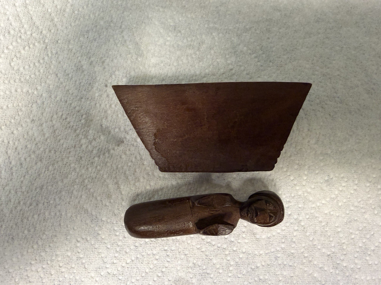 Vintage Small Hand carved Coffin Wood Sculpture With Wooden Carved Figure Man
