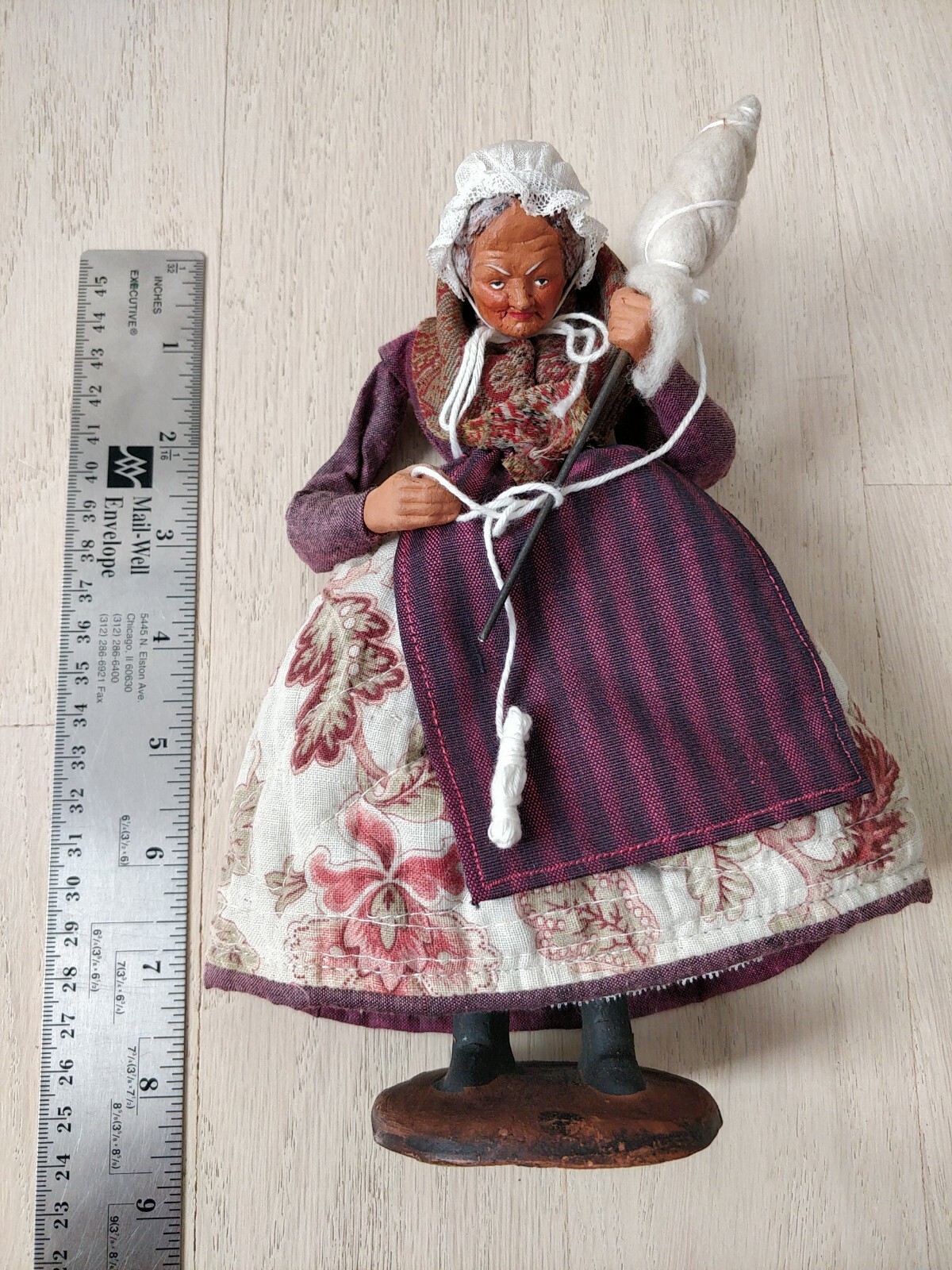 Vintage French Artist Doll Sign S Jouglas Old Woman Yarn Terracotta Fabric 8″