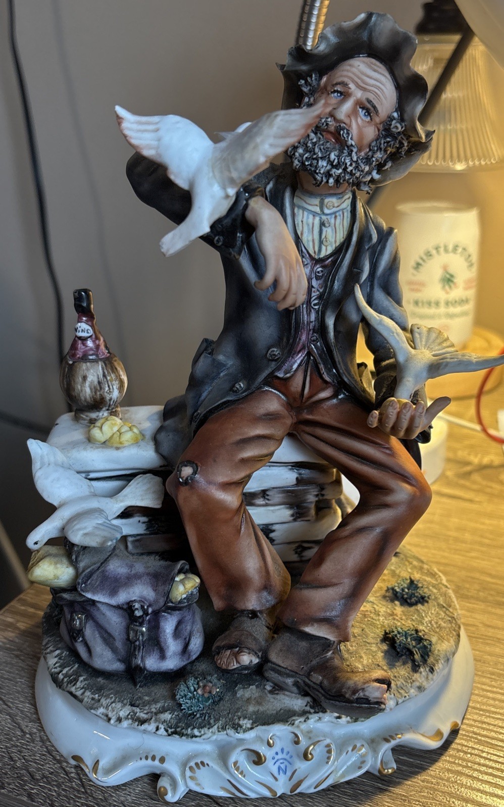 Capodimonte Italian Porcelain Figure A Seated Man With Pigeons Signed READ