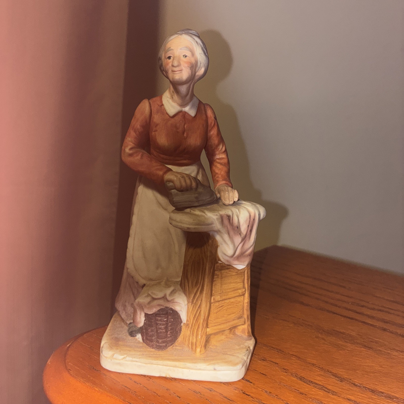 Vintage porcelain figurine, elderly woman, ironing, hand, painted mint condition