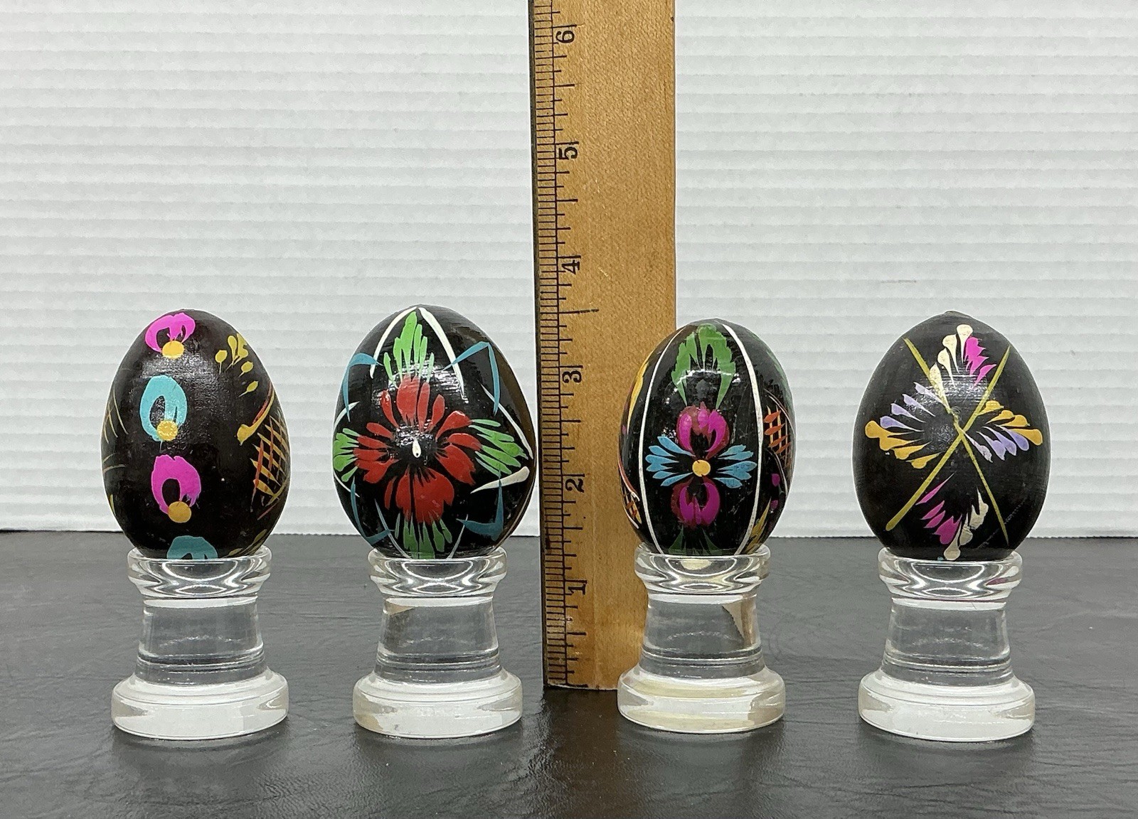 4 Vtg Easter Egg Wooden Hand Painted Ukrainian Polish Black Colorful Eggs