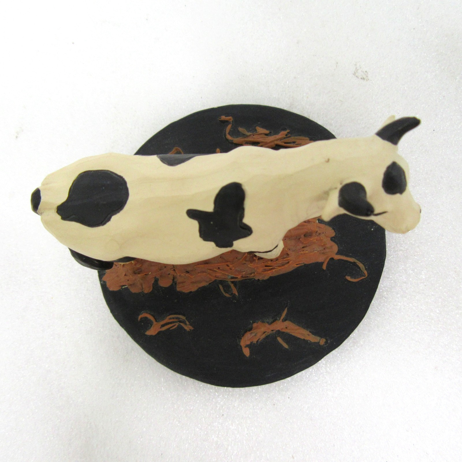 vtg Blossom Bucket artist signed Cindy Lowry cow figurine 3″ black white