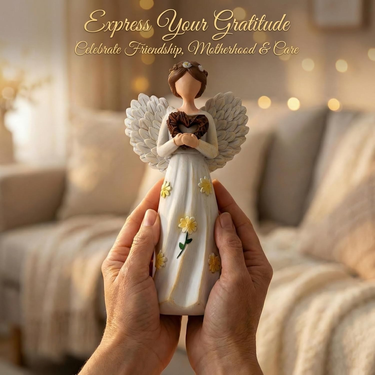 Hand-Painted Guardian Angel Figurine with Heart & Daisy Details – 5.8 Inch Re…