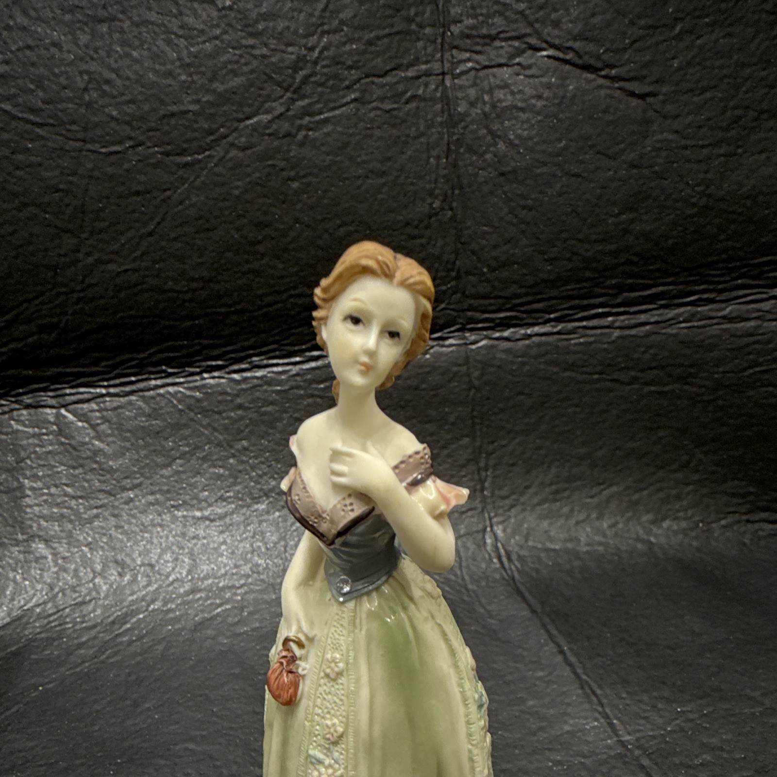 Resin Woman Lady Figurine in Dress, Painted Beige Green Brown Gray Pink