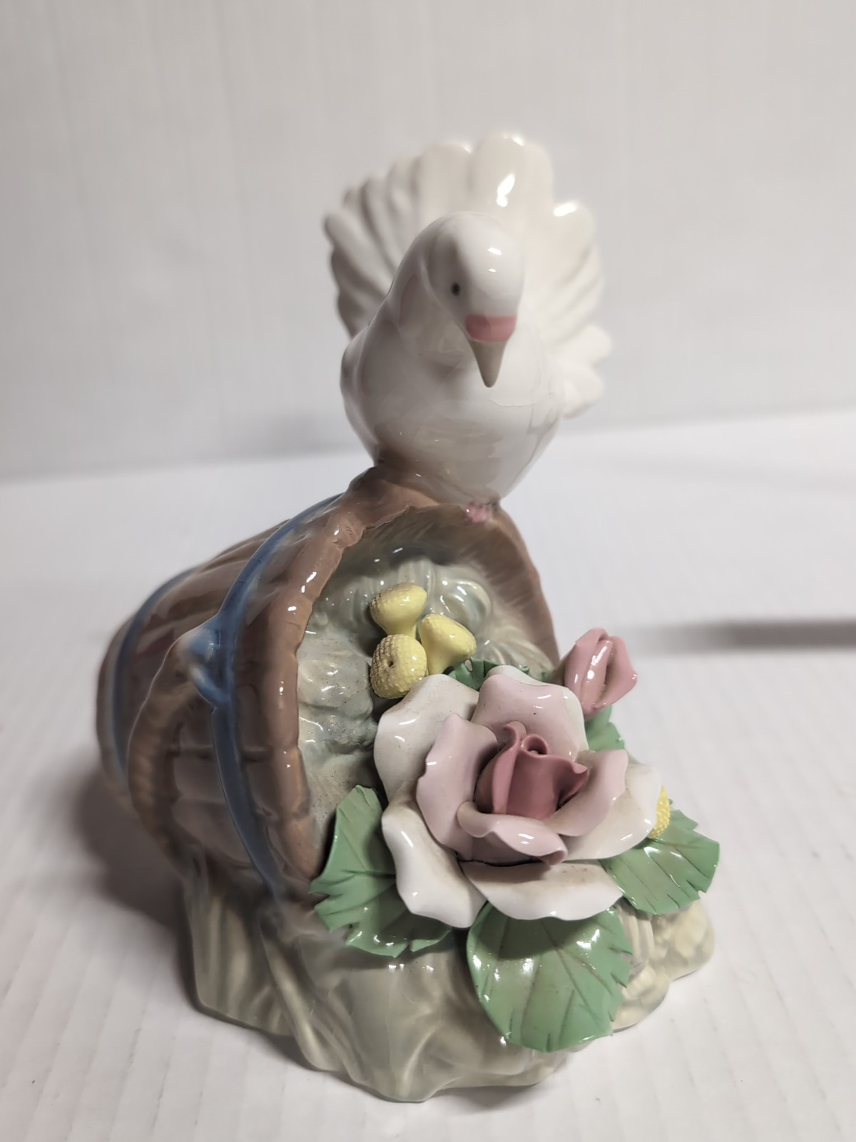 Porcelain White Dove With Bucket Of Flowers, Made In Spain ,Miguel Requena…