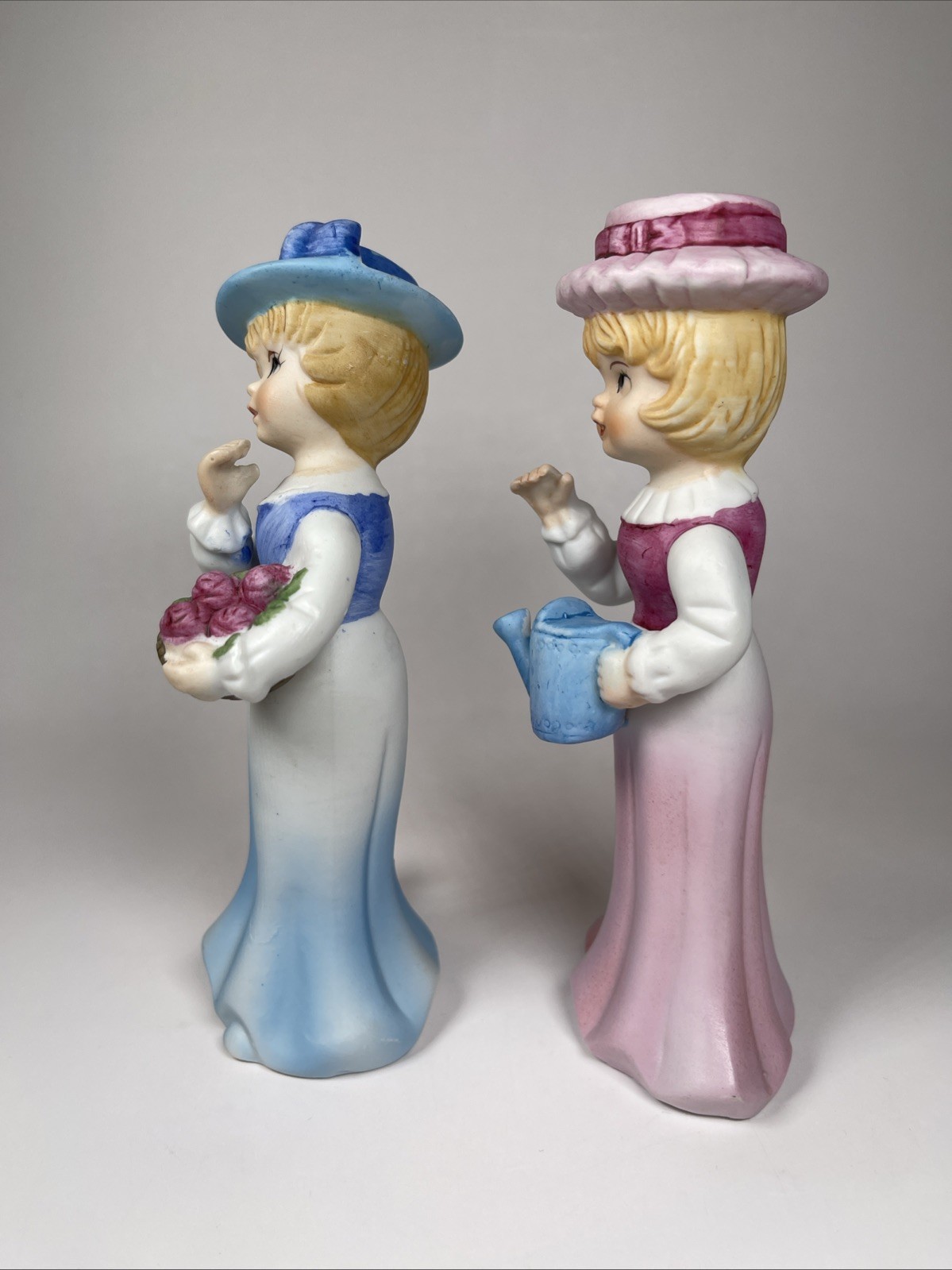 Vtg Sisters Pink Blue Porcelain Girl Figurines Flower Basket Watering Can Pair