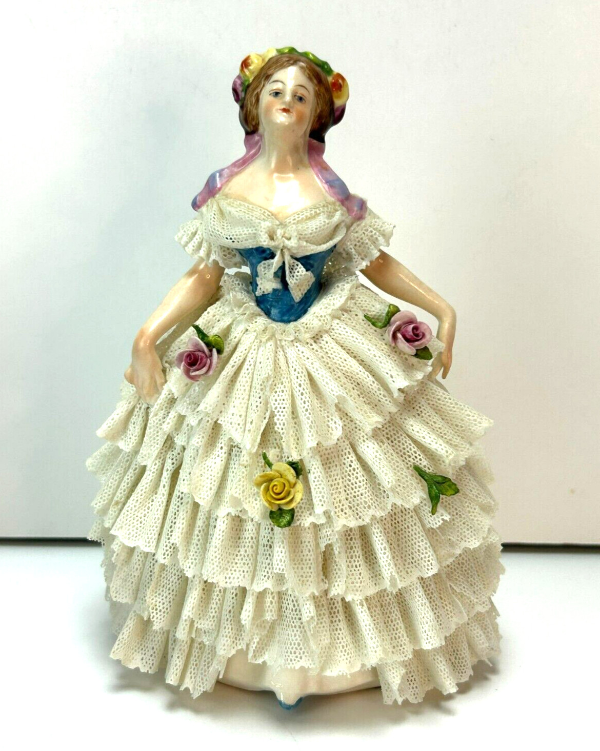 Antique DRESDEN GODEY’S FASHIONS FOR JULY 1863 Porcelain Lace Flowers Figurine