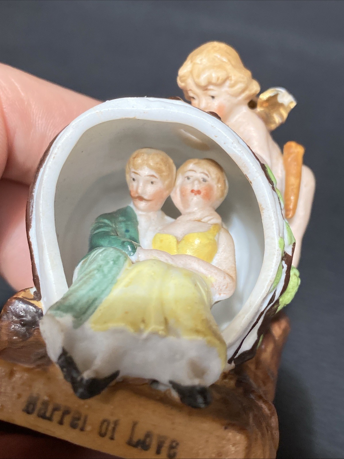 Antique Fair Souvenir Courting Couple Barrel of Love Cupid Cherub Angel AS IS*