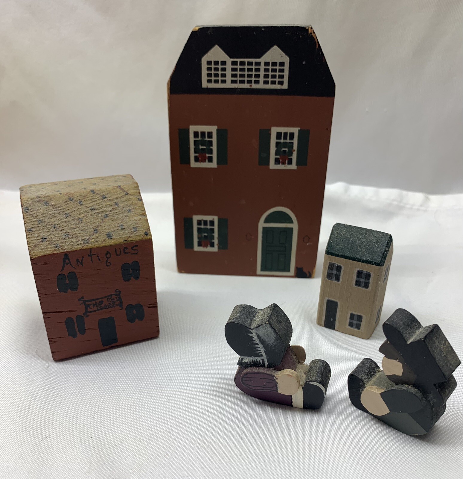 Vintage Wood Block Folk Art Cutouts Cats Meow Antique Store House People
