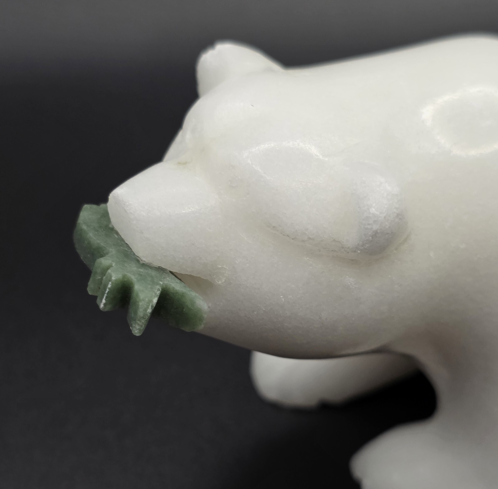 Vintage Carved White Quartz Polar Bear Figurine Green Jade Fish Sculpture Signed